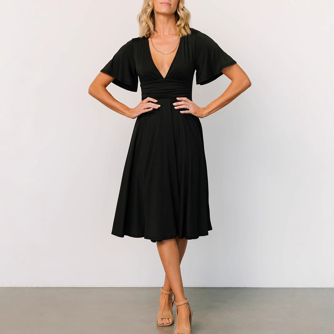 Damen Midikleid mit tiefem V-Ausschnitt und fließendem Schnitt Sovae