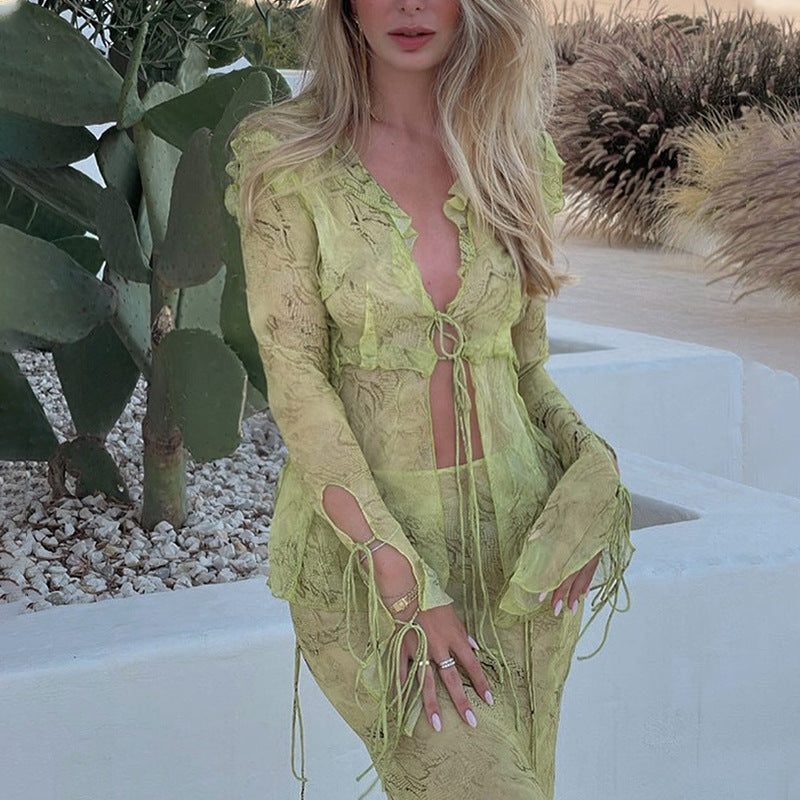 Damen Elegantes Cut-Out Maxikleid mit fließendem Stoff und raffinierten Rüschendetails Sovae