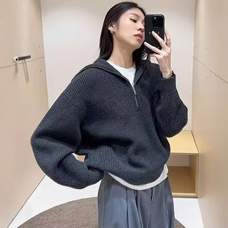 Damen modischer Strickpullover mit halbem Reißverschluss und Streifenmuster Sovae