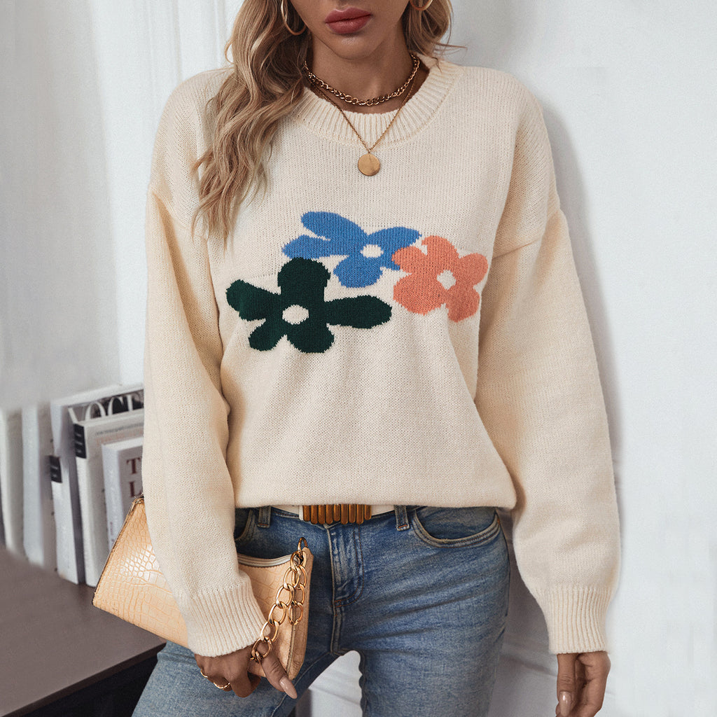 Damen lässiger Pullover mit floralen Motiven und Rundkragen Sovae