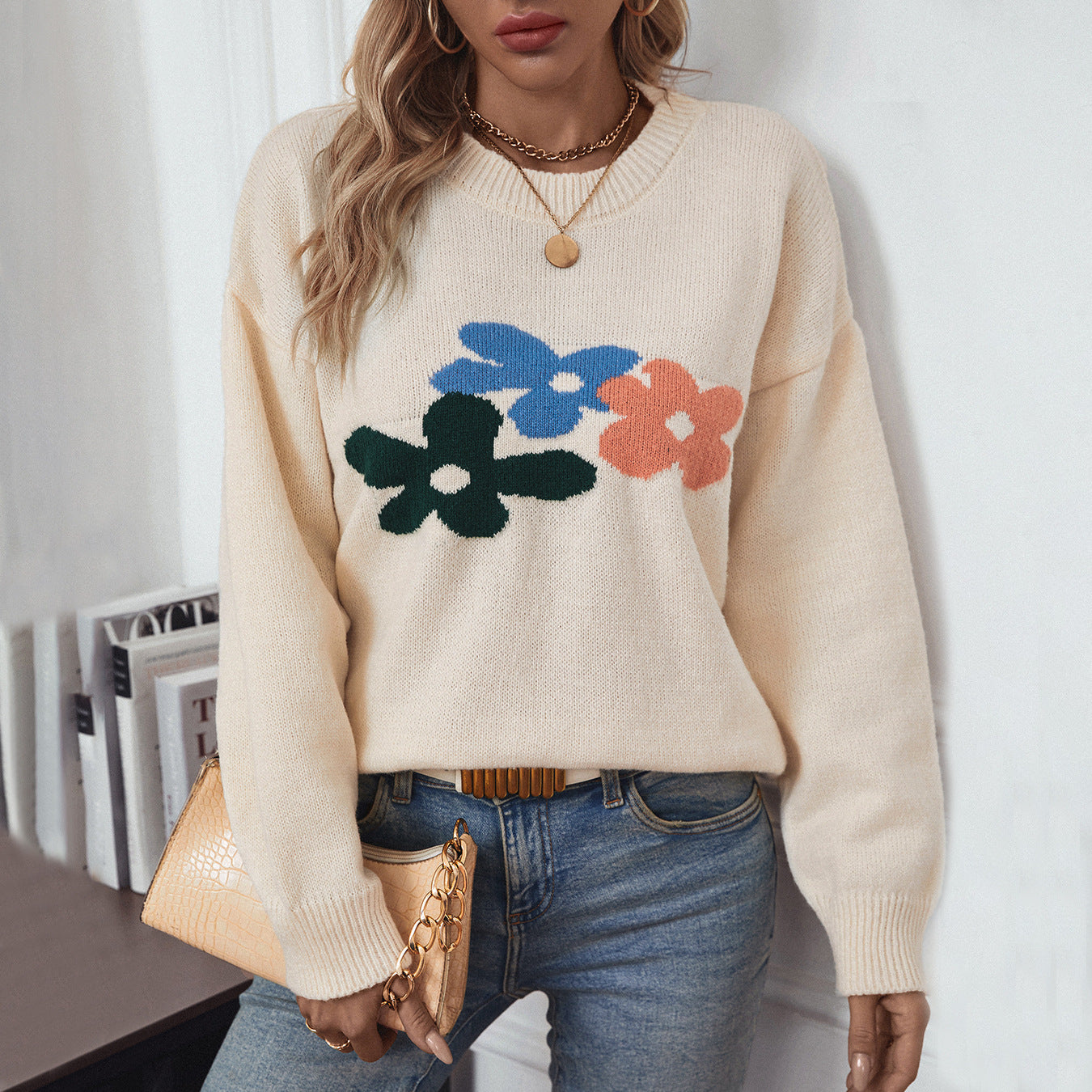 Damen lässiger Pullover mit floralen Motiven und Rundkragen Sovae