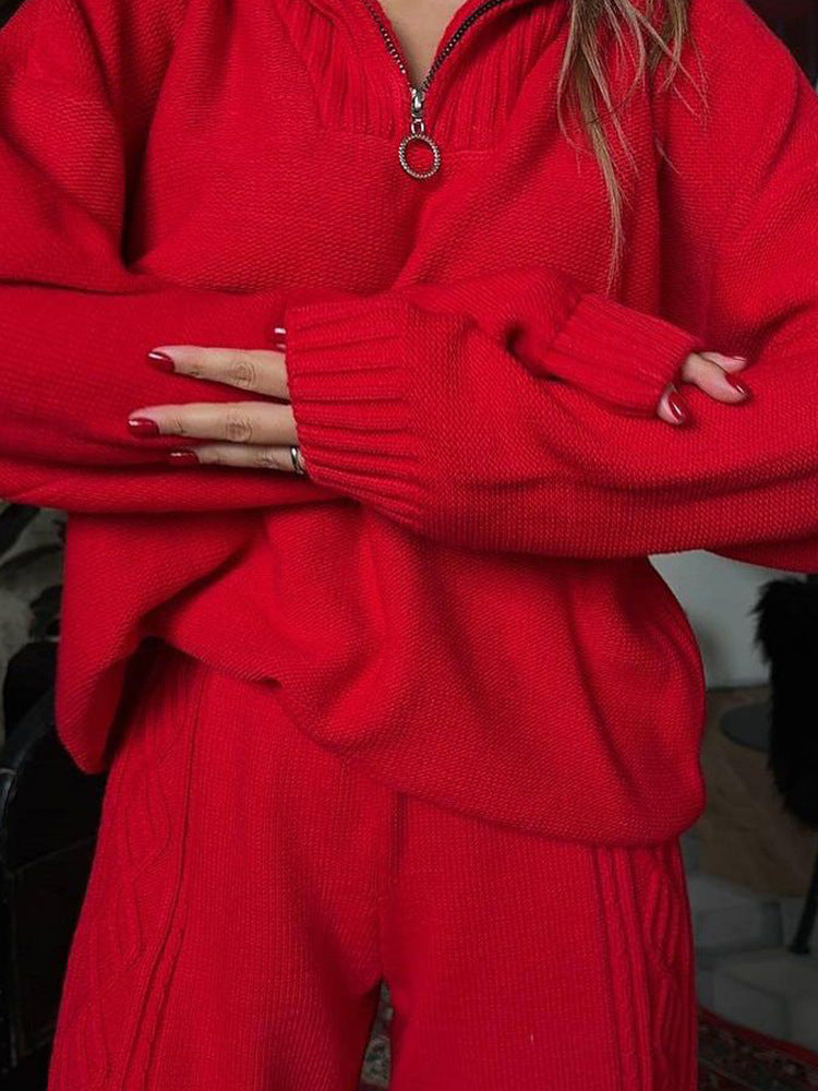 Damen Strickanzug mit halblangem Reißverschluss und Zopfmuster Sovae