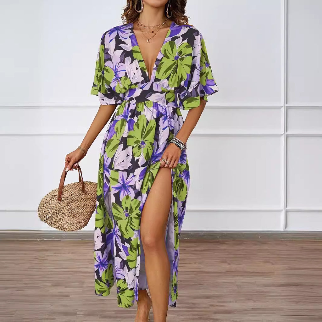 Damen florales Maxikleid mit tiefem V-Ausschnitt und Seitenschlitzen Sovae