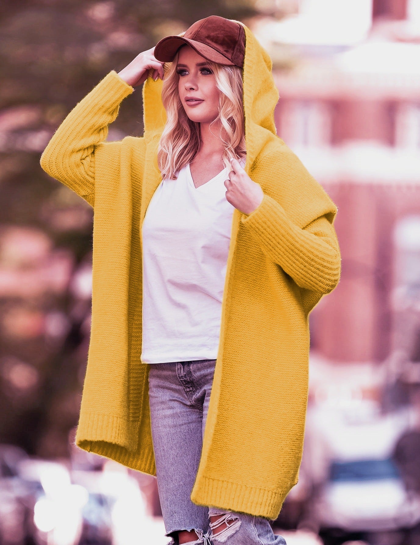 Damen lässiger Strickcardigan mit Kapuze und weiten Ärmeln Sovae