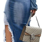 Damen Jeansrock mit hohem Schlitz und fransigem Saum Sovae