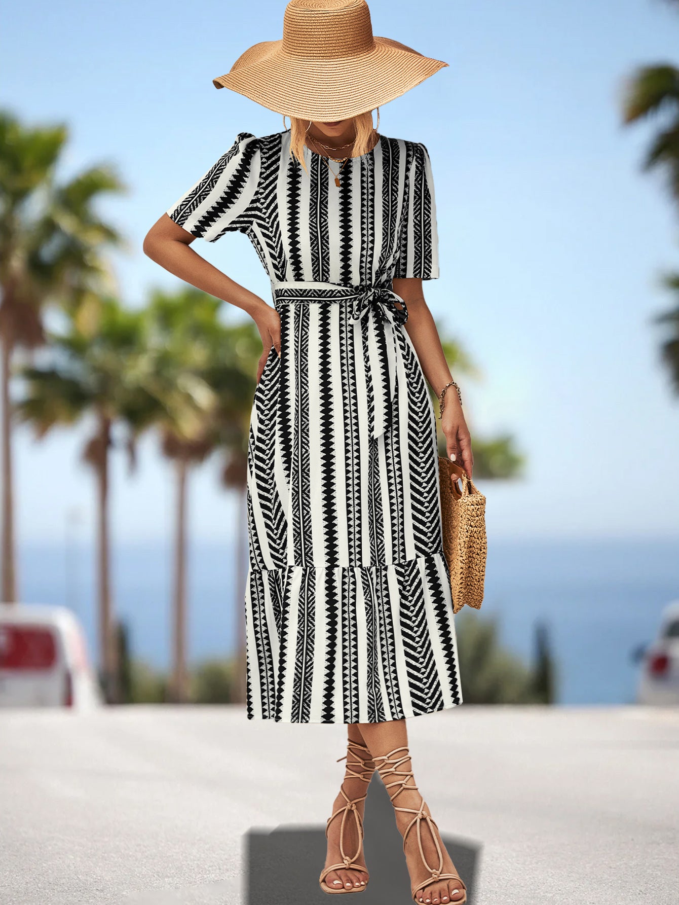 Damen Midikleid mit schmeichelndem Gürtel und voluminösem Rock Sovae