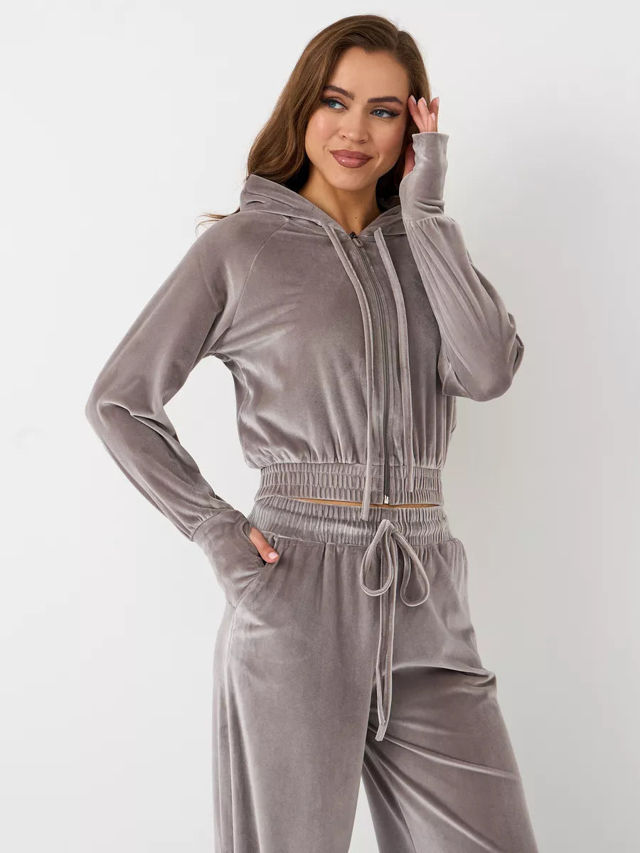 Damen Velours Freizeitanzug mit Kapuze Sovae