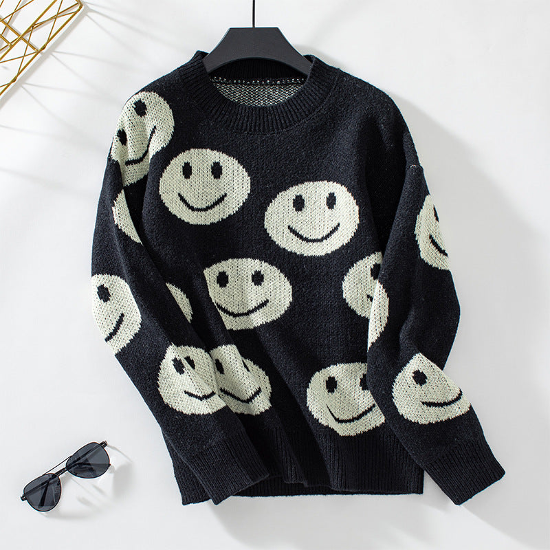 Damen lässiger Pullover mit fröhlichem Smiley-Muster Sovae