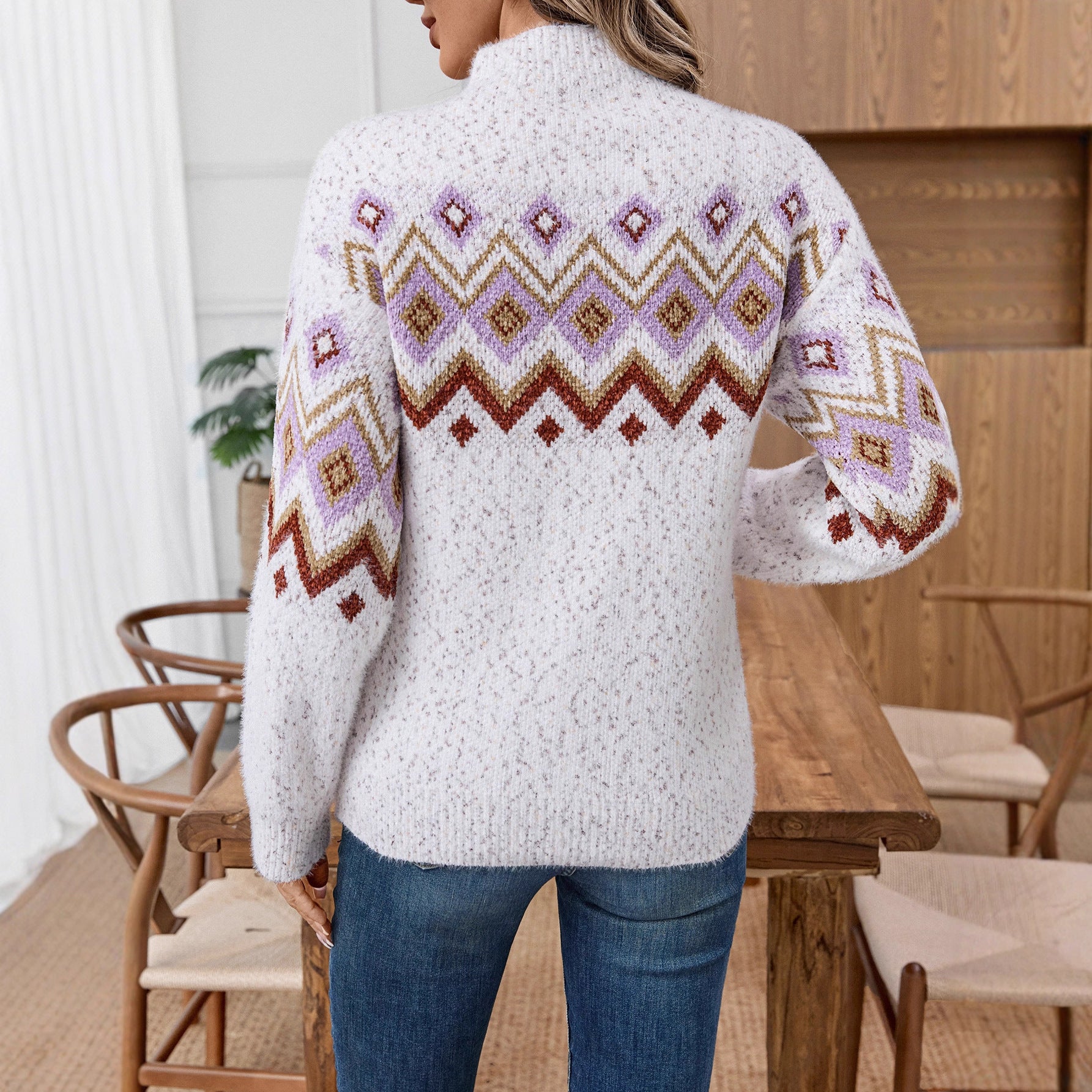 Damen Strickpullover mit modischem Muster und hohem Kragen Sovae