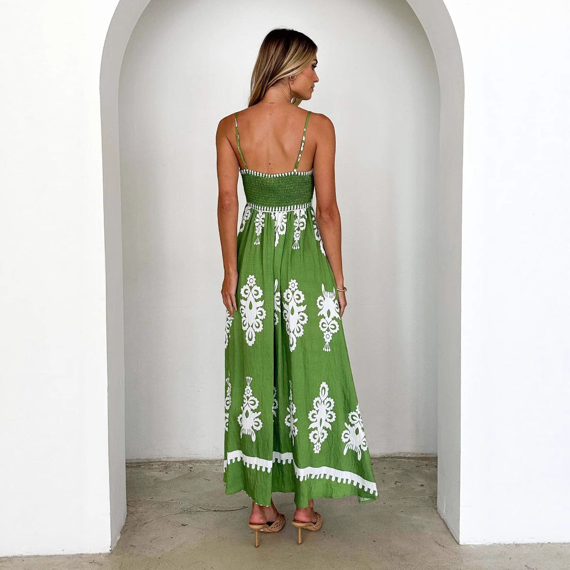Damen Maxi-Kleid mit verzierten Trägern und elegantem Muster Sovae