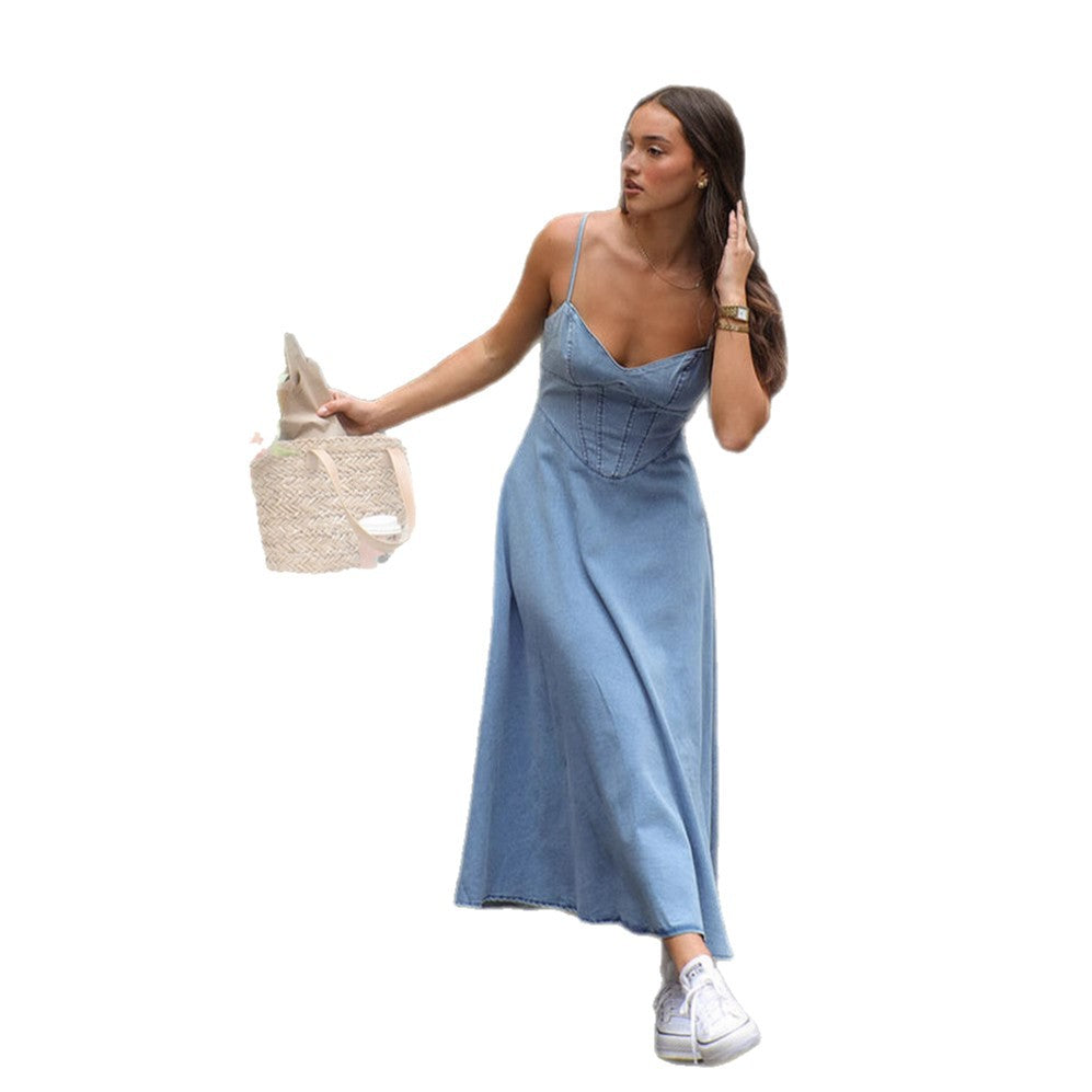 Damen Denim-Maxikleid mit herzförmigem Ausschnitt und Spaghetti-Trägern Sovae