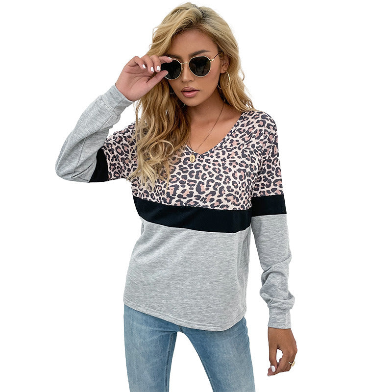 Damen V-Ausschnitt Sweatshirt mit Leopardenmuster und Kontrastband Sovae