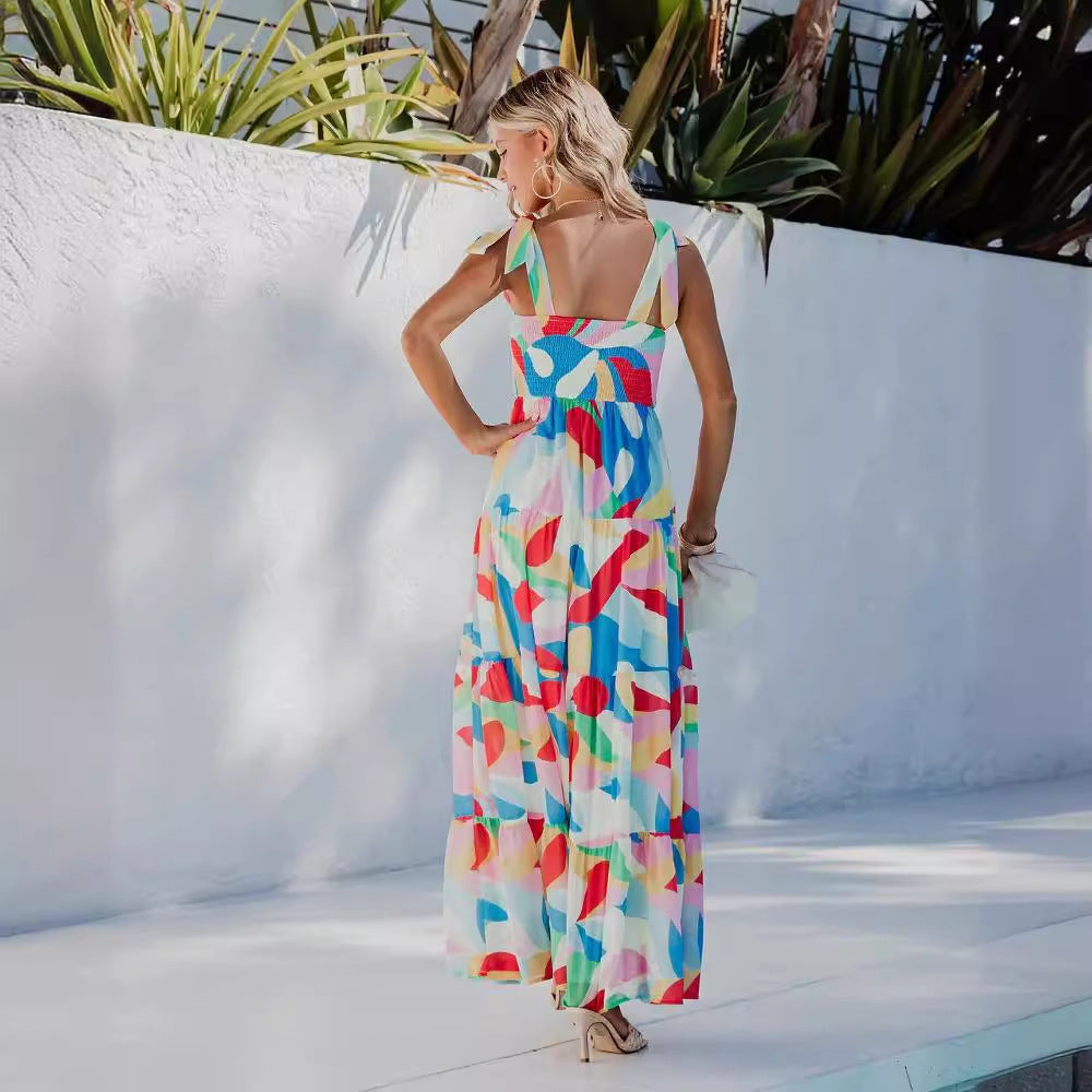 Damen Maxikleid mit buntem Grafikdesign und verstellbaren Trägern Sovae