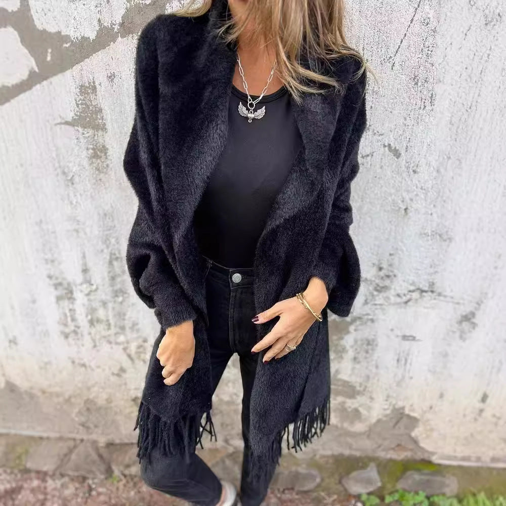 Damen Kuschelige Strickjacke mit Fransen Sovae