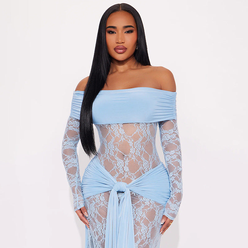 Damen Spitzenkleid mit schulterfreiem Design und taillierter Drapierung Sovae