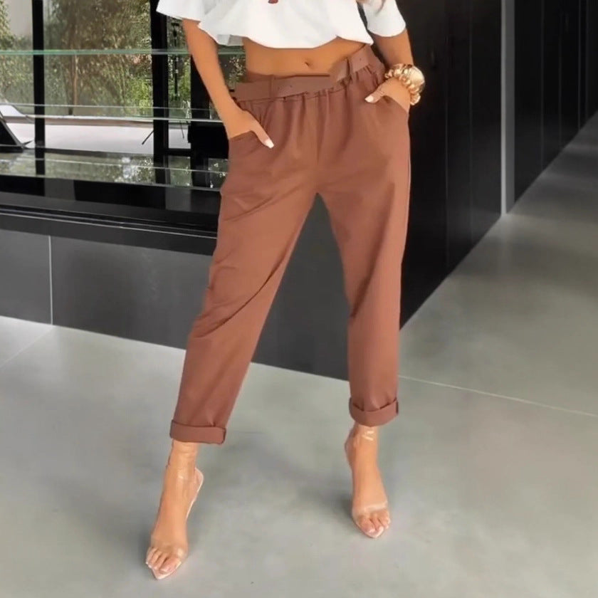Damen elegante Baumwollhose mit hoher Taille und lässigen Falten Sovae