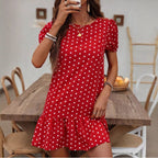 Damen Polka Dots Kleid mit Rüschensaum Sovae
