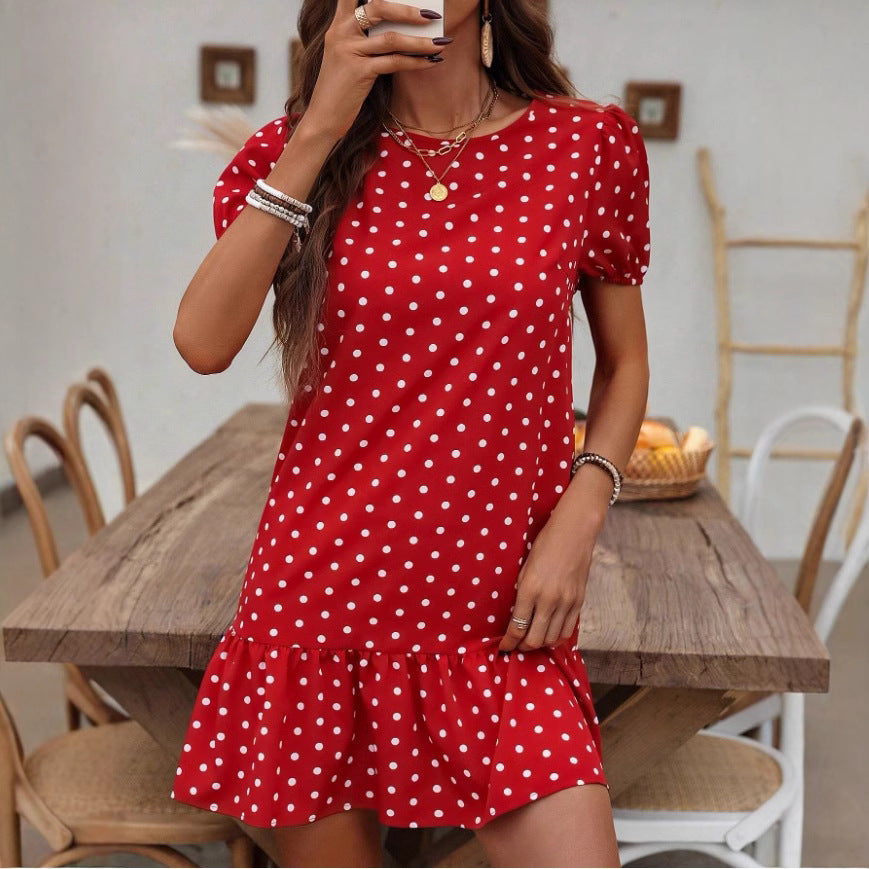 Damen Polka Dots Kleid mit Rüschensaum Sovae
