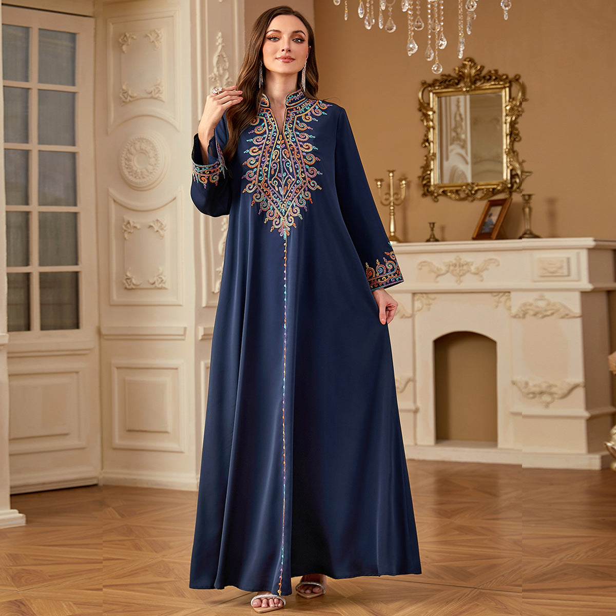 Damen Lange Kaftan Robe mit kunstvoller Stickerei Sovae