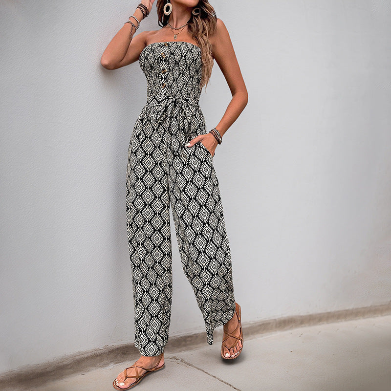 Damen Alltagsjumpsuit mit elastischem Oberteil und modischem Muster Sovae