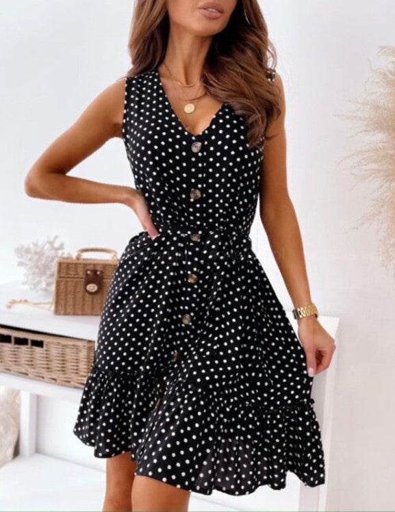 Damen Knielanges Polka-Dots Kleid mit Taillengürtel Sovae