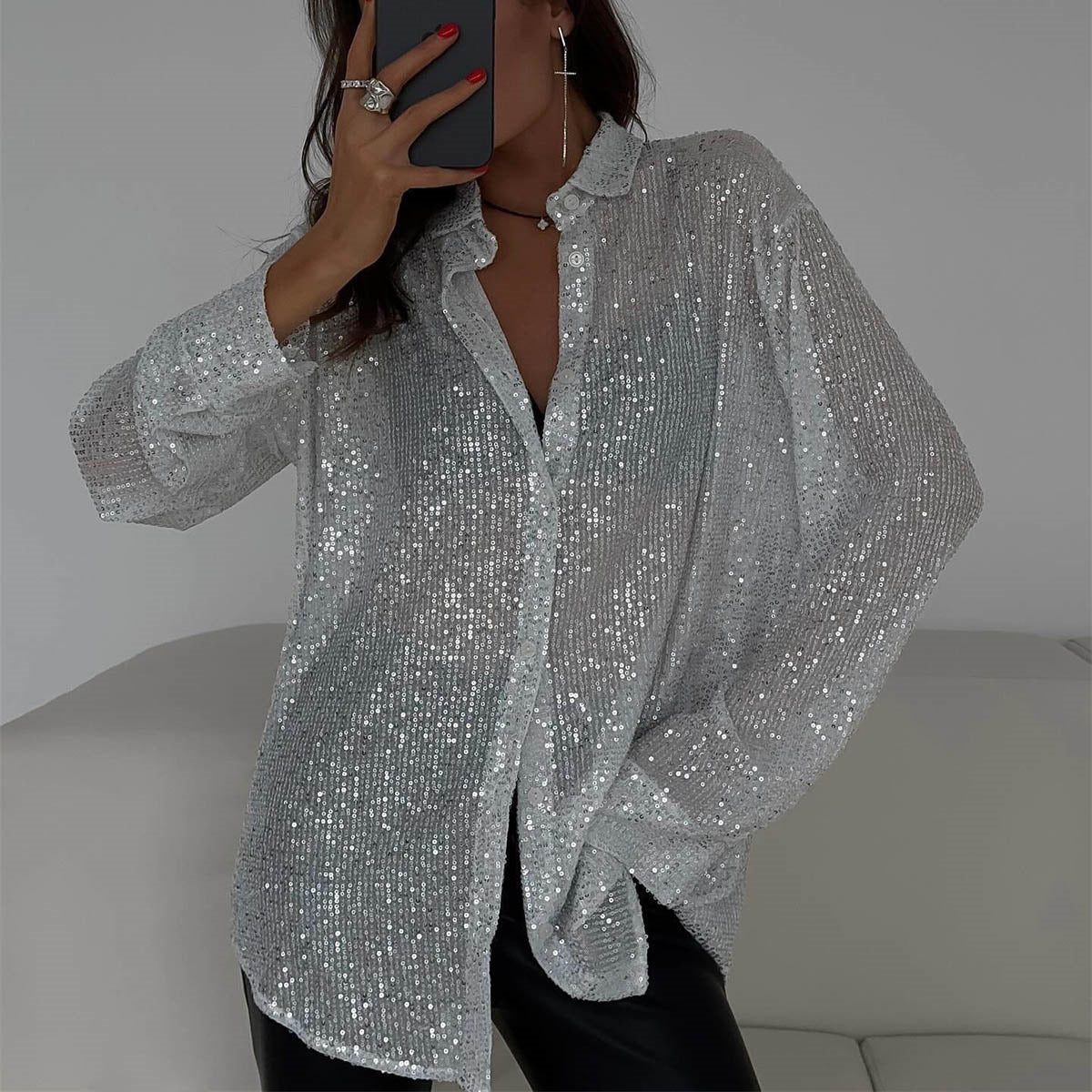 Damen Glitzernde Übergröße Bluse Sovae