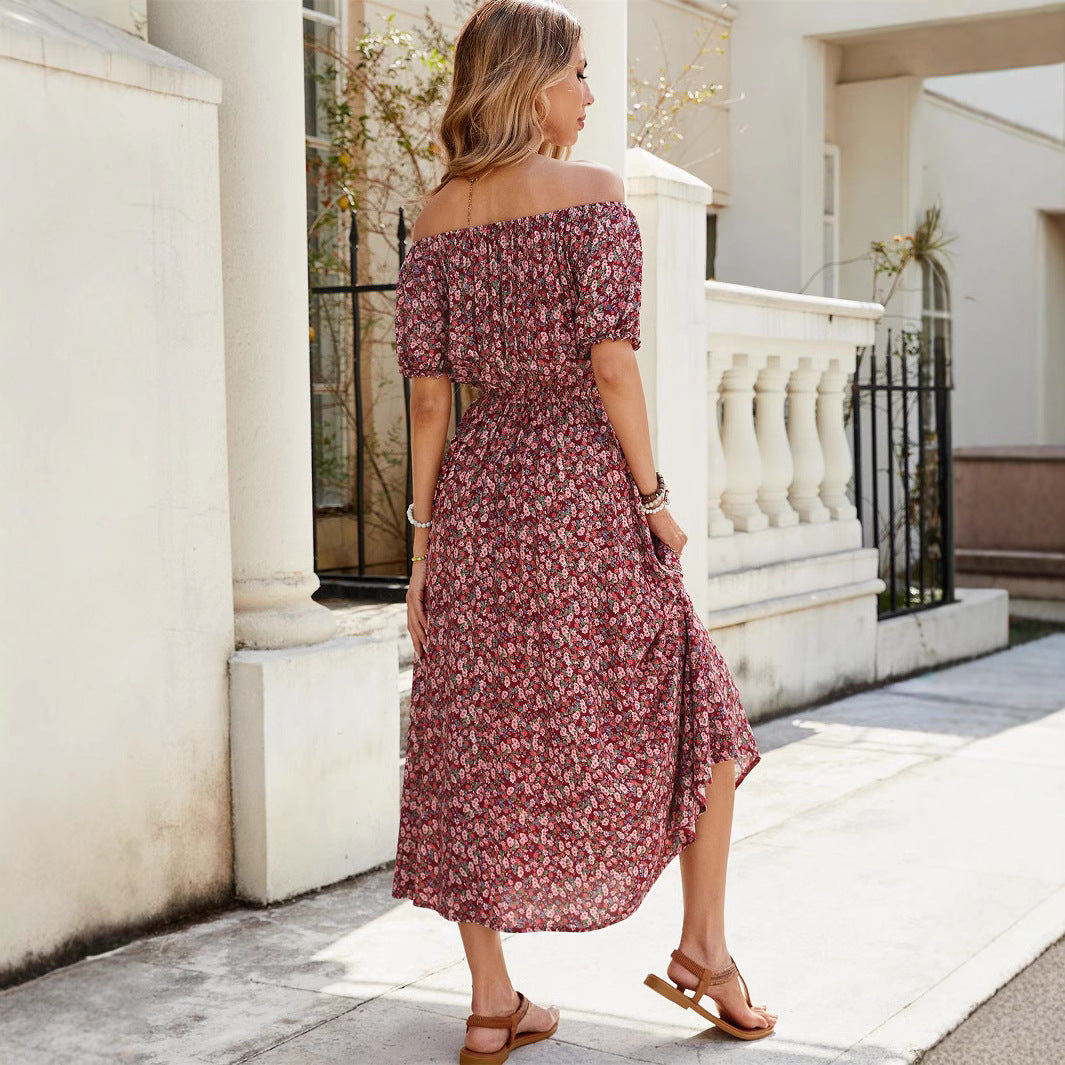 Damen luftiges Midikleid mit Puffärmeln und floralem Muster Sovae