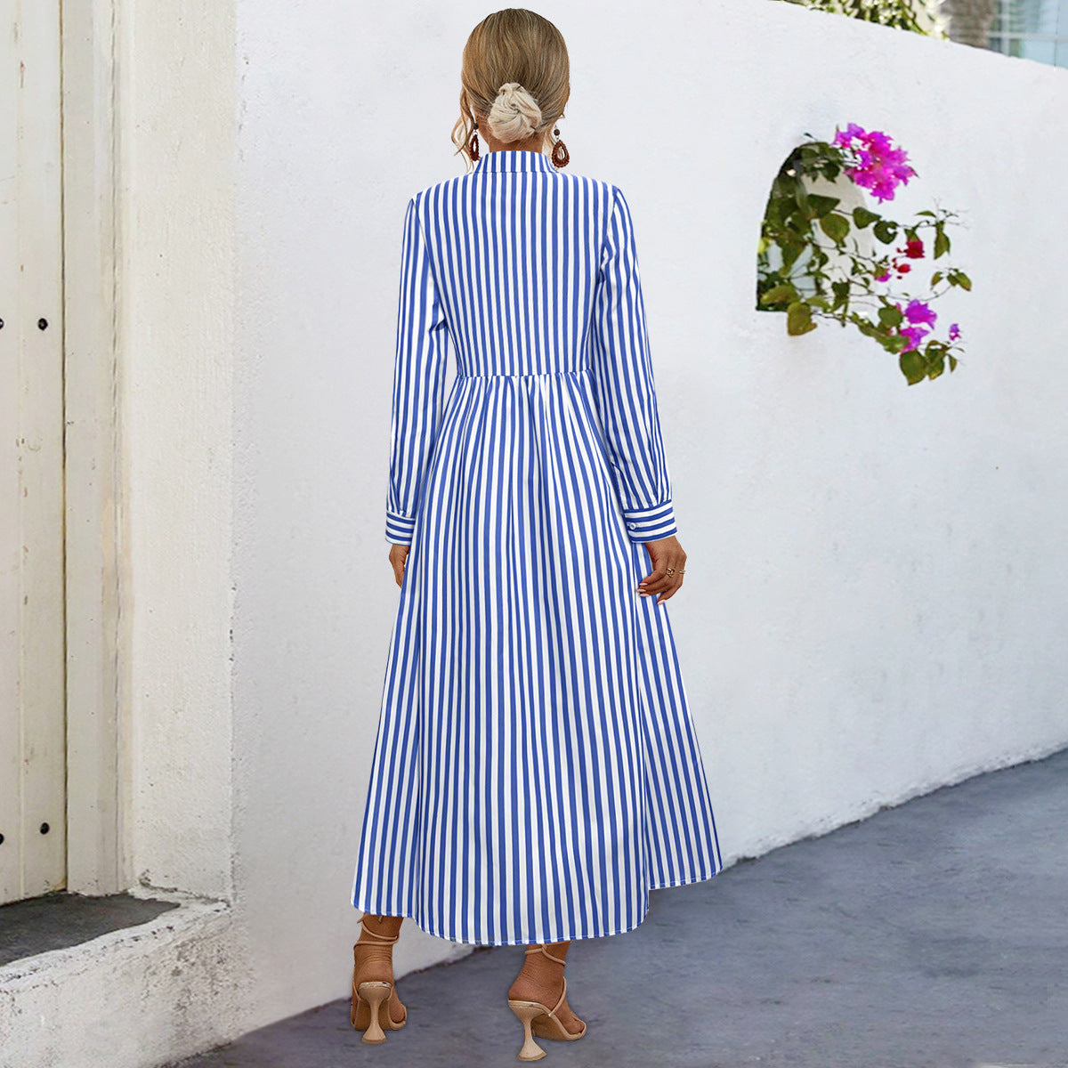 Damen Midi-Kleid mit eleganten Streifen und strukturierter Knopfleiste Sovae