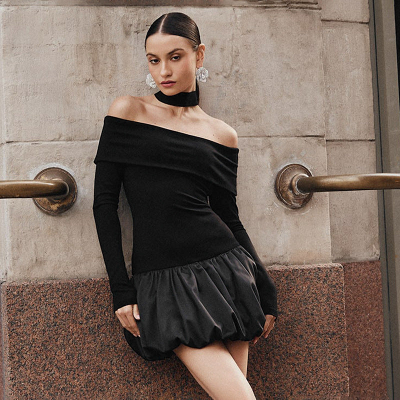 Damen Off-Shoulder Kleid mit voluminösem Saum Sovae