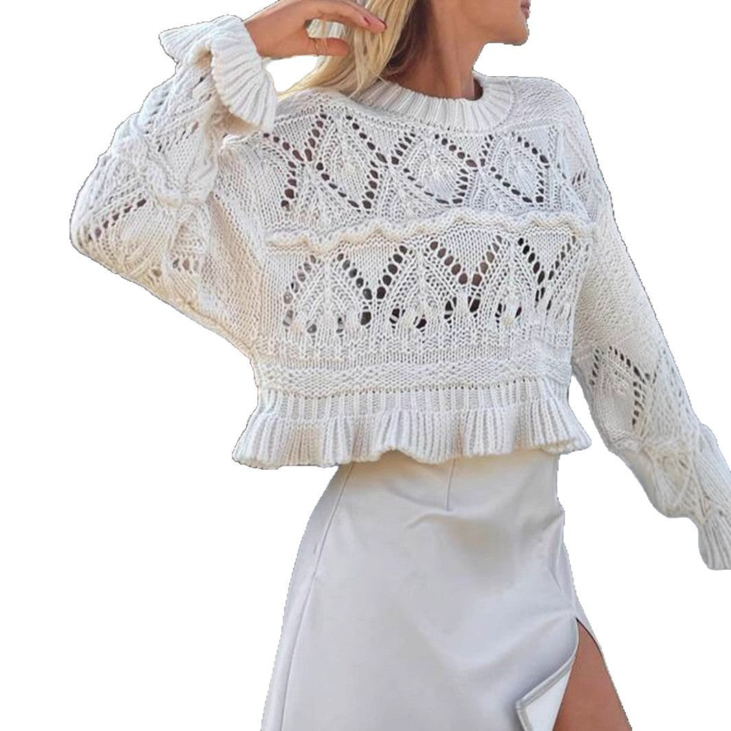Damen Strickpullover mit Rüschen und Lochmuster Sovae