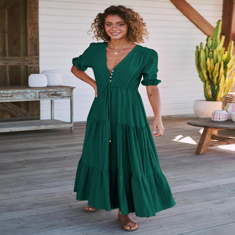 Damen Maxikleid mit zarten Puffärmeln und Taillenzug Sovae