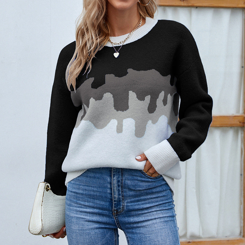 Damen modischer Pullover mit kreativem Farbverlauf und Rundhalsausschnitt Sovae