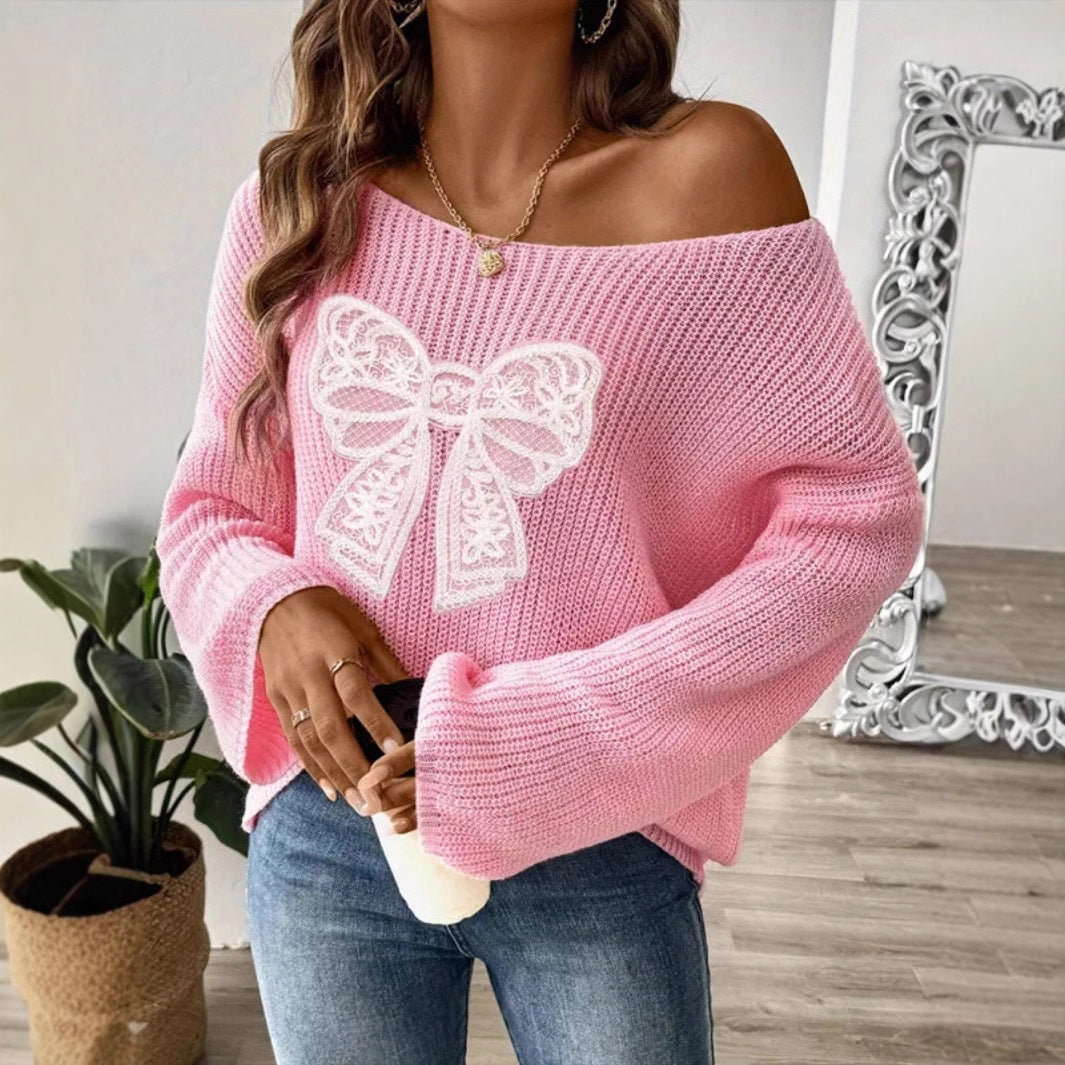 Damen Oversized Strickpullover mit romantischem Schleifenmotiv Sovae