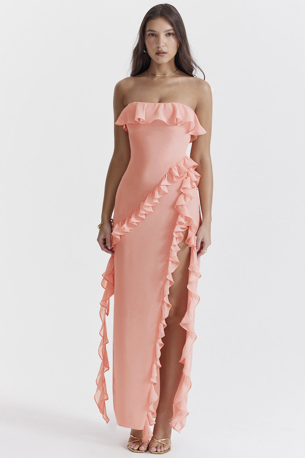 Damen elegantes, schulterfreies Maxikleid mit Rüschendetails Sovae