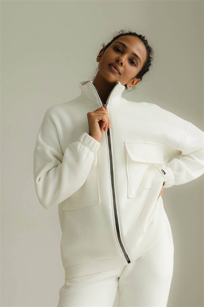 Damen sportlicher Fleece-Kapuzenpullover mit Reißverschluss und praktischen Taschen Sovae