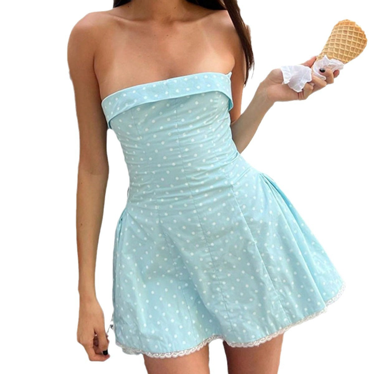 Damen süßes trägerloses Minikleid mit Punkte-Design Sovae