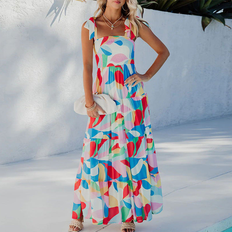 Damen Maxikleid mit buntem Grafikdesign und verstellbaren Trägern Sovae