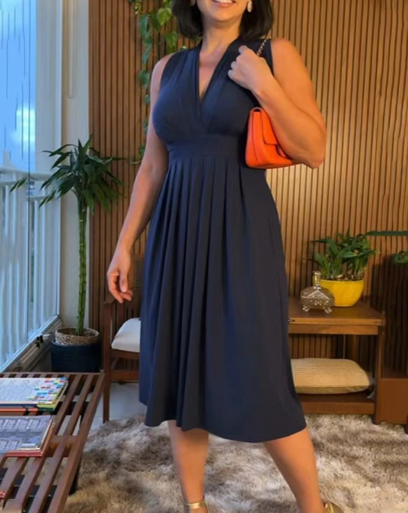 Damen romantisches Maxikleid mit schmeichelndem V-Ausschnitt und plissierten Details Sovae