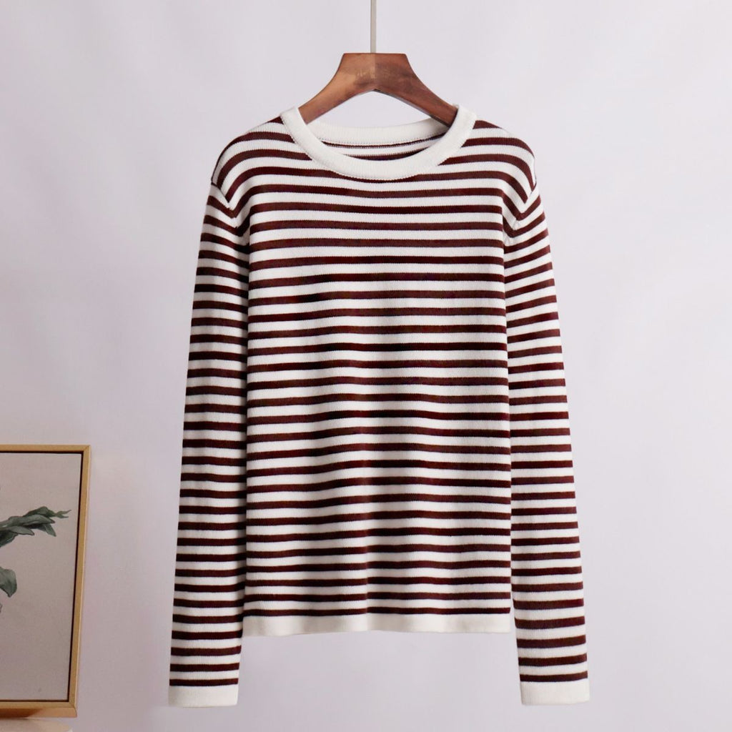 Damen gestreifter, lässiger Pullover aus hochwertigem Baumwollmix Sovae