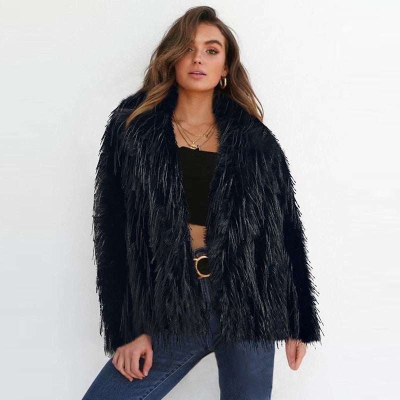 Damen Eleganter Kunstfellblazer mit breitem Kragen Sovae