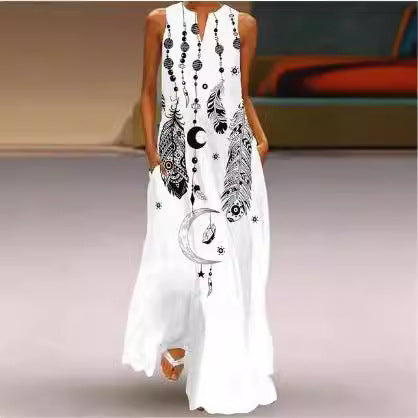Damen Maxikleid mit modernen Federmuster und Seitentaschen Sovae