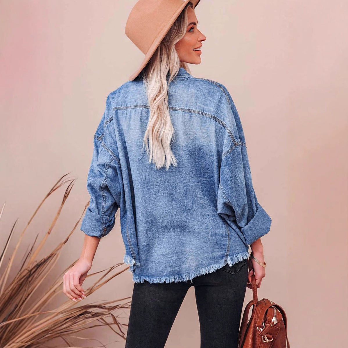 Damen lässige Oversized Jeanshemd mit aufgesetzten Taschen Sovae