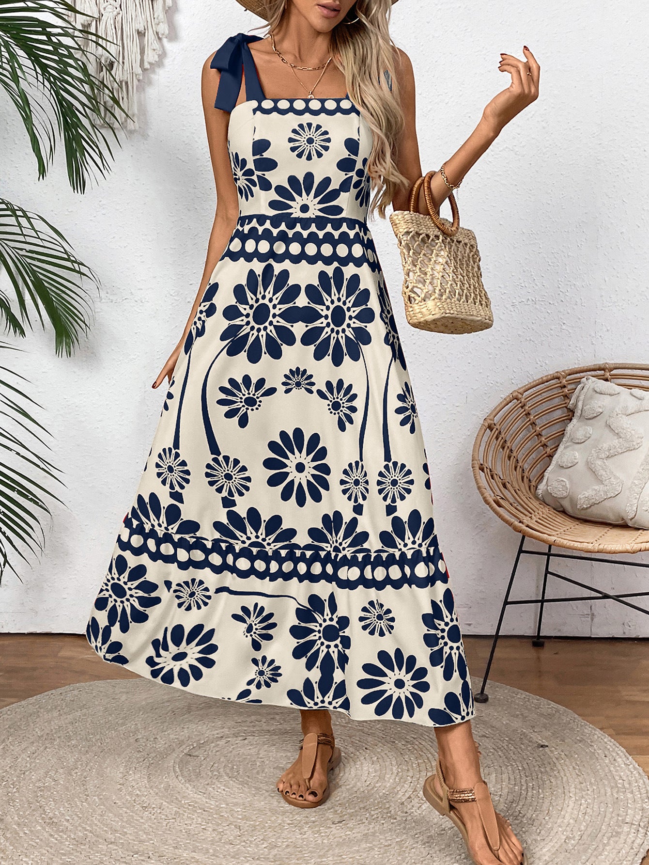Damen Midikleid mit floralem Design und dekorativen Trägern Sovae