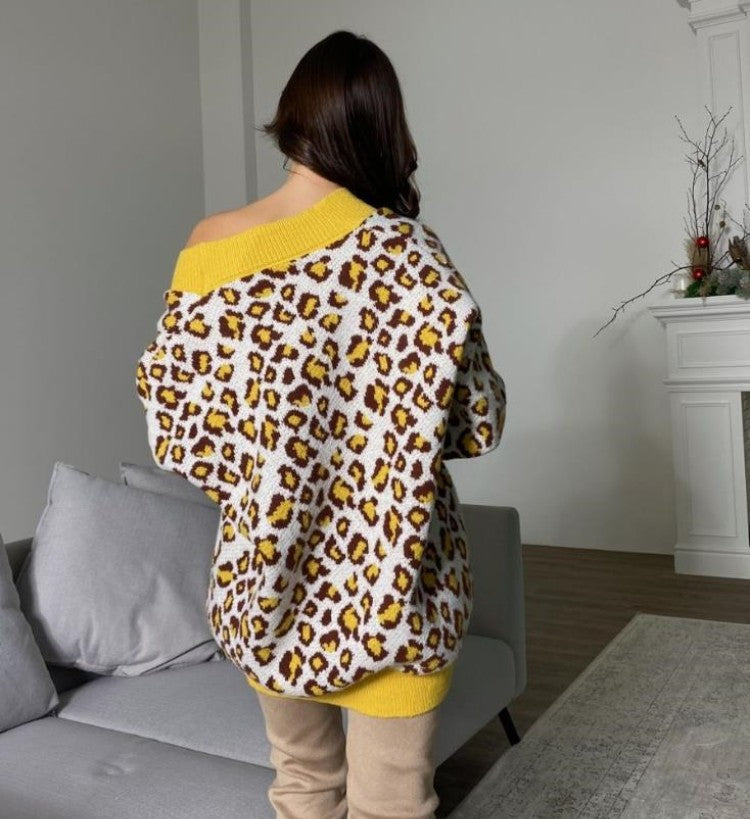 Damen Oversized Pullover mit Schulterdesign und lebhaftem Leopardenmuster Sovae