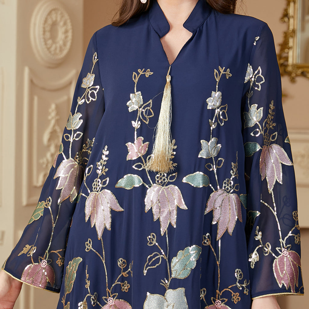 Damen Lange Kaftan-Robe mit floralen Stickereien Sovae