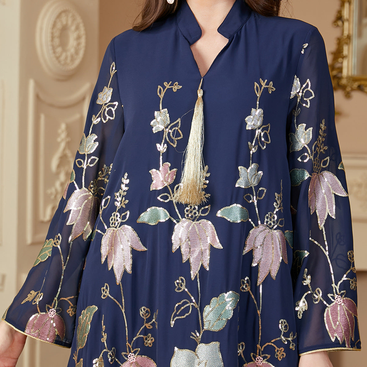 Damen Lange Kaftan-Robe mit floralen Stickereien Sovae