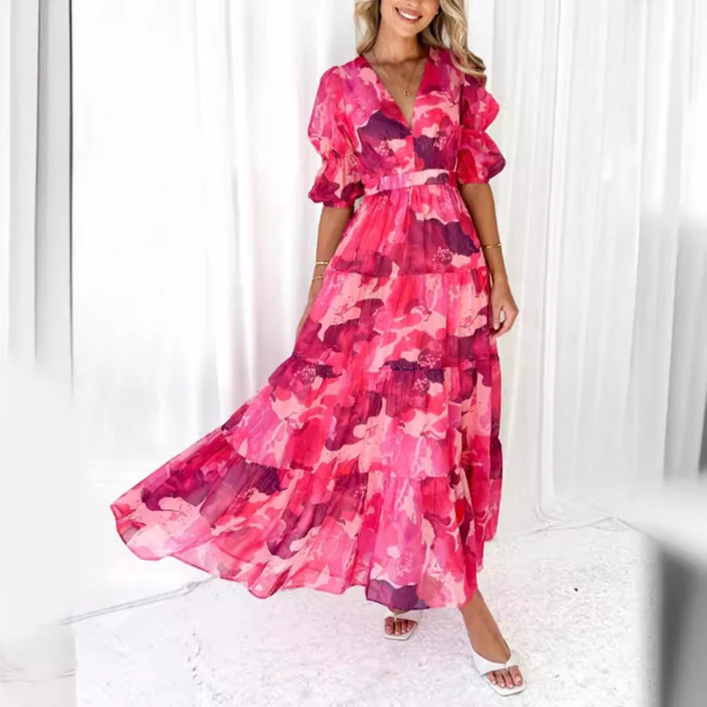 Damen Maxikleid mit voluminösen Rüschen und V-Ausschnitt Sovae