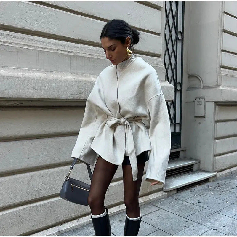 Damen trendige Wickeljacke aus weichem Stoff mit Gürtel und langen Ärmeln Sovae