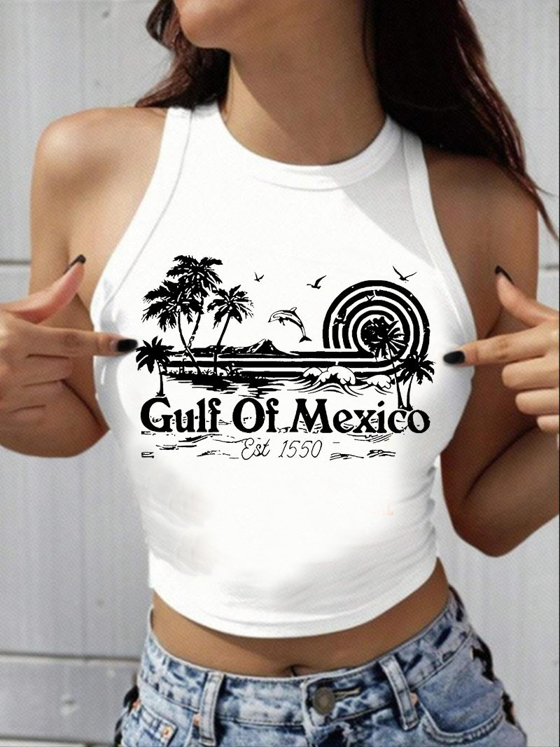 Damen Sportliches Cropped Tanktop mit Cocktailmotiv Sovae