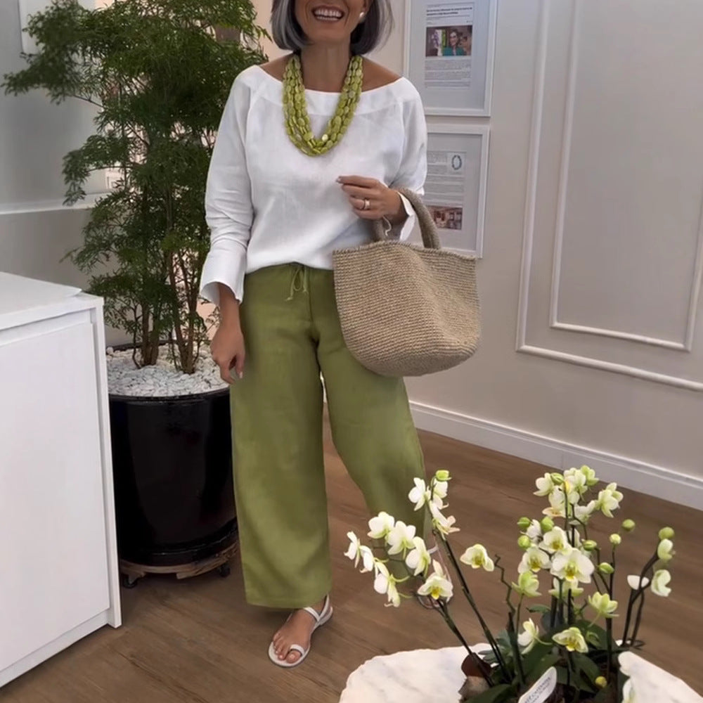 Damen Lässige Leinenhose mit weitem Schnitt und Gummizug Sovae